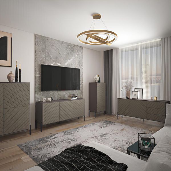 Тумба под телевизор с черными металлическими ножками LION Амарант 168x40x76,5 см Дуб Ливорно/Перламутровый металлик (RAL-7048) 1680x400x765 (LION-043035) (арт. 00000074830) &mdash; фото