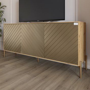 Тумба под телевизор с золотыми металлическими ножками LION Амарант 168x40x76,5 см Дуб Артизан/Перламутровый металлик (RAL-7048) 1680x400x765 (LION-043050) (арт. 00000074845) &mdash; фото