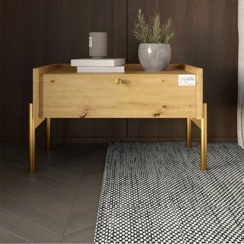Тумба приліжкова LION Wood з однією шухлядою Дуб Артизан (золоті ножки) (LION-041316) (арт. 00000073355) &mdash; фото