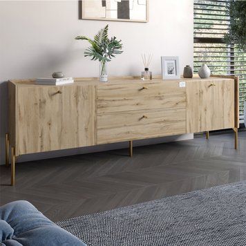 Тумба под телевизор с ящиками LION Wood с золотыми ножками 160х65х40 см Дуб Аппалачи (LION-043112) (арт. 00000074907) &mdash; фото