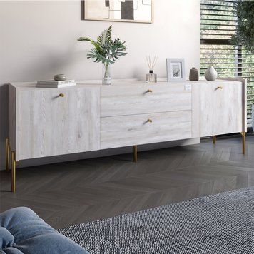 Тумба под телевизор с ящиками LION Wood с золотыми ножками 160х65х40 см Самоа Дымчатый (LION-043120) (арт. 00000074915) &mdash; фото